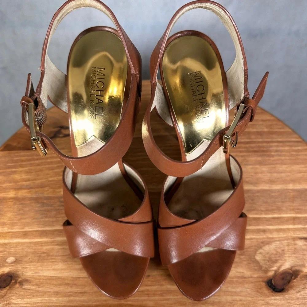 Michael Kors Platform Sandals Womens 8M Brown Good Leather Ankle Strap ST15A